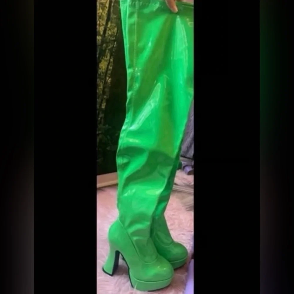 Dolls Kill Green Platform Thigh-High Boots Pleather Neon Lime 80s Disco Chunky - Picture 6 of 6